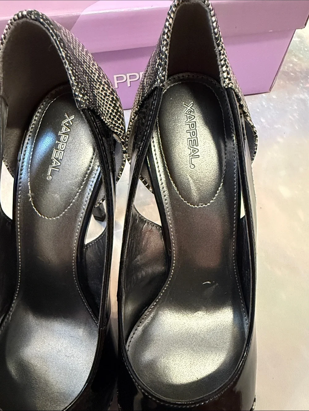 Xappeal Black Patent and Gray Snake-Print Pointed Toe Pumps 8